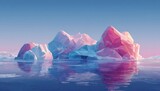 Low-poly icebergs in pastel pink, blue, and white hues float on a calm, reflective sea under a soft, clear sky.  The geometric forms create a surreal, almost dreamlike arctic landscape