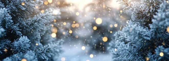 Snow-covered evergreen branches with bokeh lights in a winter forest scene