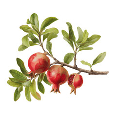 a branch with three red pomegranates hanging from it