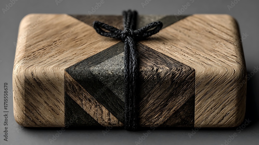 Wooden box with geometric pattern and black rope tied around a ...