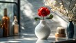 © Aiman Nabeel - Minimalist white porcelain vase holding a single red rose elegantly displayed on a sleek countertop with natural light streaming in creating a serene and sophisticated look