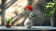 © Aiman Nabeel - Minimalist white porcelain vase holding a single red rose elegantly displayed on a sleek countertop with natural light streaming in creating a serene and sophisticated look