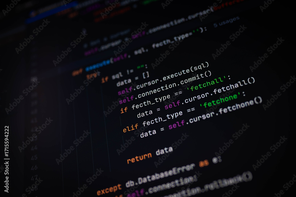 Close-up of Python code for executing SQL queries and fetching data using cursor methods like fetchall and fetchone. Perfect for backend development, programming tutorials, and IT education.
