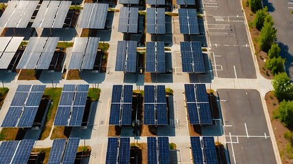 Aerial view of solar panel array in parking lot showcasing renewable energy and sustainable technology