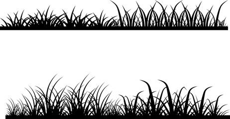 Seamless grass border silhouette. Tuft line set isolated on white background. Nature element for lawn or meadow design. Black plant border collection for landscape  illustration