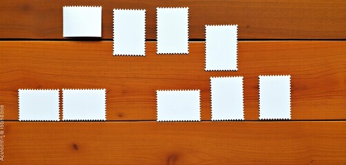 Wall Mural - Blank postage stamps arranged on a wooden surface, shipping, mail