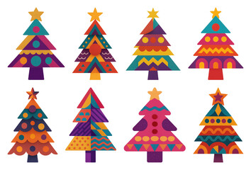 Wall Mural - PNG Colorful geometric Christmas trees, element set on transparent background
