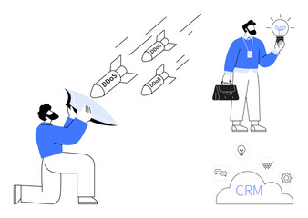 Wall Mural - Man shielding CRM cloud from DDOS missiles, colleague holding lightbulb. Ideal for cybersecurity, cloud defense, technology, innovation, teamwork, problem-solving, simple flat metaphor