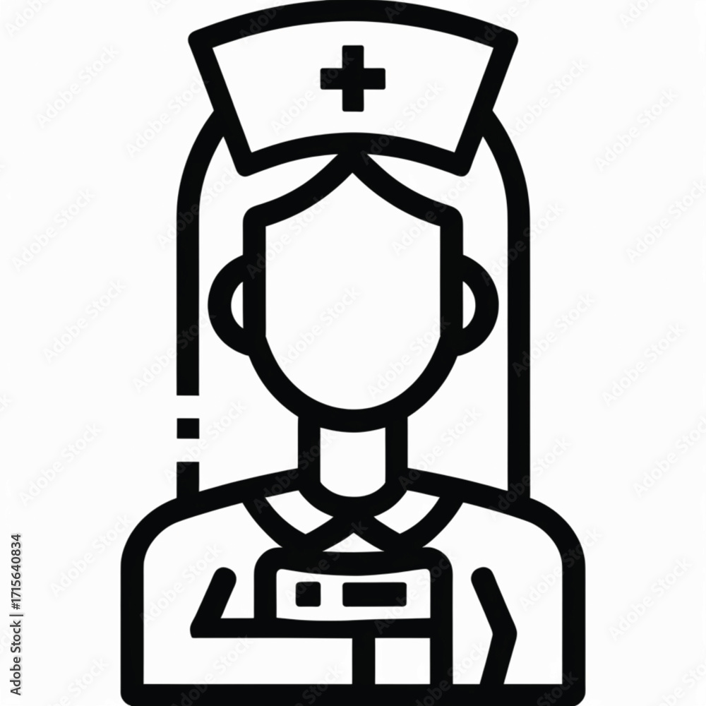 Nurse icon, black and white, showing a female nurse in uniform with a ...