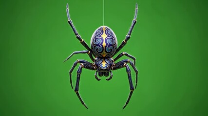 A highly detailed, ornate spider hangs suspended by a single thread against a green background