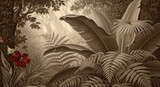 Exotic red rose blooms among lush tropical ferns and foliage in sepia tones
