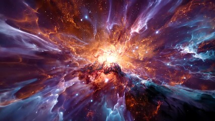 Wall Mural - Vibrant Nebula Explosion of Stars in Cosmic Space with Swirling Clouds of Purple Turquoise and Orange Glowing Brightly Generating Energy and Sparkles in the Darkness
