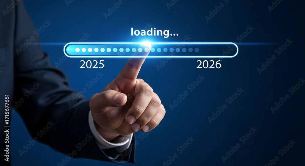 Finger touching a loading bar transitioning from 2025 to 2026 future ...