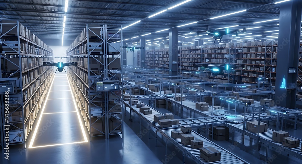 High-tech automated warehouse with drones and robotic conveyor systems ...
