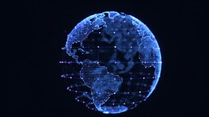 Digital wireframe globe made of glowing dots and connecting lines, futuristic holographic grid, neon blue and purple, on dark background.