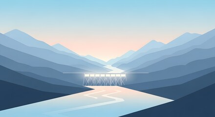 Minimalist landscape with mountains, river, and dam at sunrise.