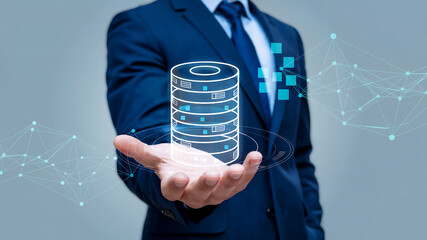 Businessperson with Database Icon and Network Structure Representing Modern Database and Network Technology