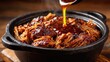 © PBMasterDesign - Juicy pulled pork with dripping bbq sauce concept. Delicious slow-cooked meat with savory sauce in a pot.