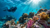 A scuba diver glides above a vibrant coral reef, surrounded by colorful fish and sea anemones, sunlight beams piercing clear blue water, creating a serene and magical underwater atmosphere.