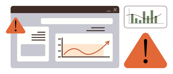 Rising red trend line on a data dashboard with exclamation signs. Ideal for performance monitoring, risk analysis, business strategy, financial forecasting, data insights, caution, simple flat
