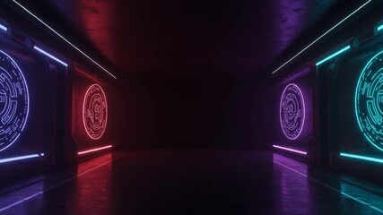 Futuristic Neon Tunnel with Glowing Symbols and Reflections.