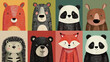 © jiawei - A collection of whimsical animal portraits featuring a bear, panda, fox, hedgehog, and more, created in vibrant colors. Each animal has a unique and playful expression.