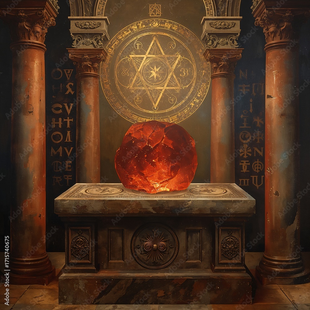 Epic Oil Painting Of Philosopher s Stone On Ancient Altar With Glowing 