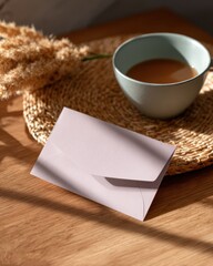 Wall Mural - greeting card mockup on desk, cozy stationery, pastel colors, morning light