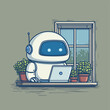©  Sheton - 벡터 스타일의 귀여운 로봇, 노트북 작업, 실내 풍경