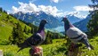 © Gardah - Two pigeons perched atop a wooden post, overlooking a picturesque alpine valley, with a backdrop of majestic snow-capped mountains and a shimmering lake.