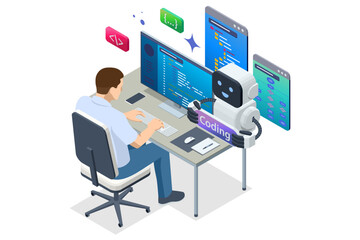 Isometric man sitting at a desk and a floating AI assistant helping him with programming. He is surrounded by code and digital elements on a laptop. Artificial intelligence in software development.