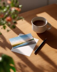 Wall Mural - postcard mockup on desk, travel-themed design, morning light, cozy workspace