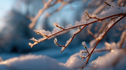 Wall Mural - winter snowy forest background with frost-covered branches and morning light