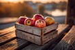 © Лаra Wladdim - Apples in a wooden box on the table at sunset, autumn concept.