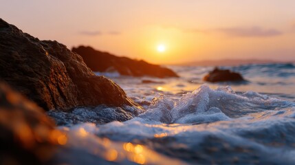Wall Mural - ocean cliff sunset background with golden light and waves