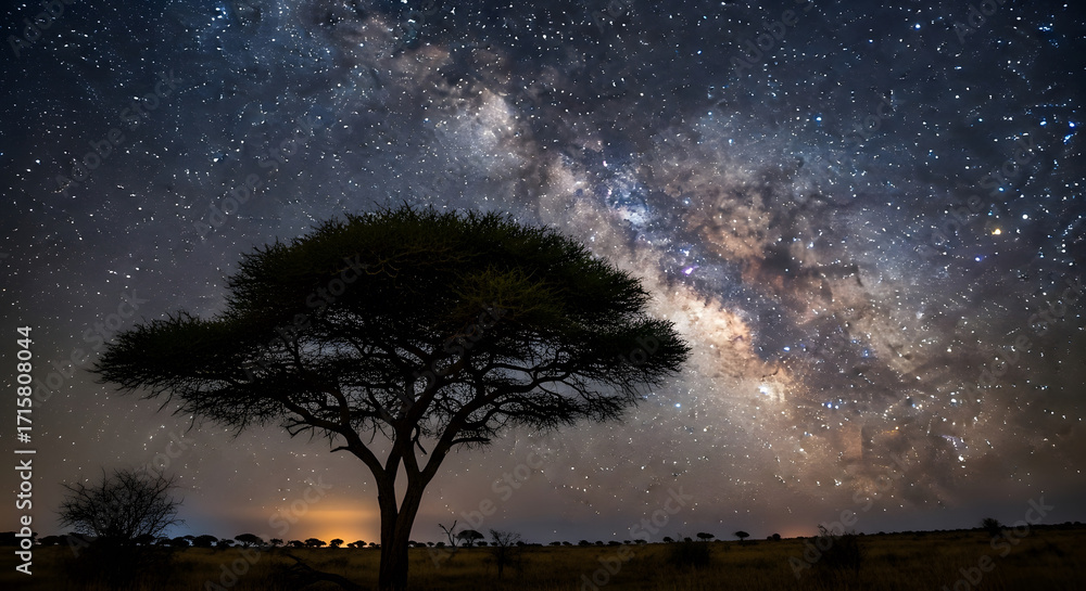 Milky Way above a lone acacia tree at night Stock Photo | Adobe Stock