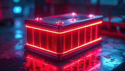 Rectangular Neon Glowing Object in Cyberpunk Style Futuristic Scene with Reflections on Dark Surface