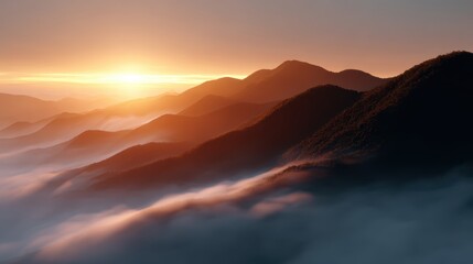 Wall Mural - sunrise over mountains background with mist and golden light