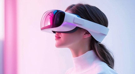 A young woman exploring virtual realms with a futuristic AR headset.