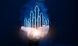 © OleCNX - Glowing upward arrows rising from a hand, symbolizing business growth, success, leadership, financial progress, innovation, and digital technology development.