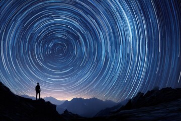Wall Mural - Celestial Dance: Circular Star Trails with Polaris at the Center and a Silhouette Admiring the Twinkling Cosmos