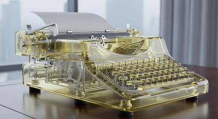 Transparent yellow typewriter on a wooden table