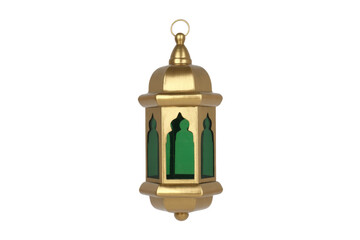 Wall Mural - A golden Ramadan lantern with green glass panels, isolated on a transparent background. background removed
