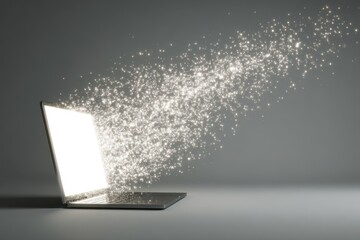 Concept of Data Chaos: Laptop Emitting Flowing Particles from a Radiant Screen on a Sleek White Background