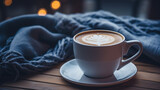 Tasse de café ou cappuccino. Boisson chaude, ambiance chaleureuse et relaxante, dans une chambre, lumière tamisée. Arrière-plan pour conception et création graphique.