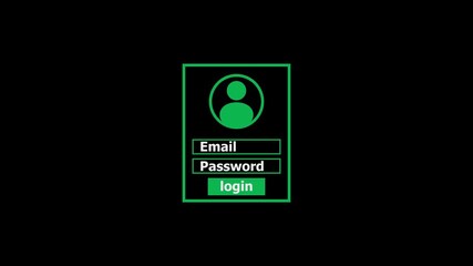 Simple login interface design with icon email and password fields and login button lime green color animation. black background 4k video.
