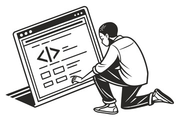 Illustration of a person coding on a large computer screen, showcasing software development.