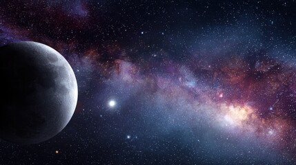 Wall Mural - Cosmic View of a Dark Moon Surrounded by Starry Galaxy and Colorful Nebula in Vast Universe with Deep Space Background and Distant Stars Shining Brightly