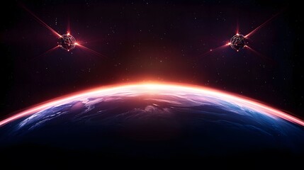 Wall Mural - A vibrant image showcases a planet's glowing horizon set against a starry nebula background, with two abstract, glowing geometric spheres floating in the cosmic expanse.