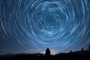 Wall Mural - Cosmic Harmony: Human Silhouette Observing Twinkling Star Trails Around Polaris in a Blue Lactic Sky